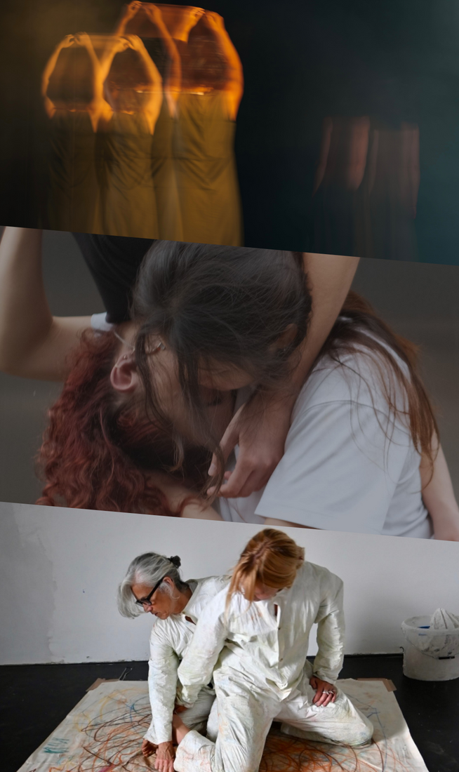 This image is divided into three parts. On the top, a blurred photo shows a group in uniform grey dresses standing in formation with their backs to the audience, arms raised overhead, while one figure stands off to the right, set apart with arms resting by her sides. In the middle, two people are embracing, with one suspended above and hanging downward, wearing a black T-shirt and jeans, while the other stands below, wearing a white T-shirt and blue jeans. On the bottom, two people wearing all-white attire kneel closely together, one partly atop the other, looking sideways, on a rectangular white drape marked with abstract multicoloured lines.