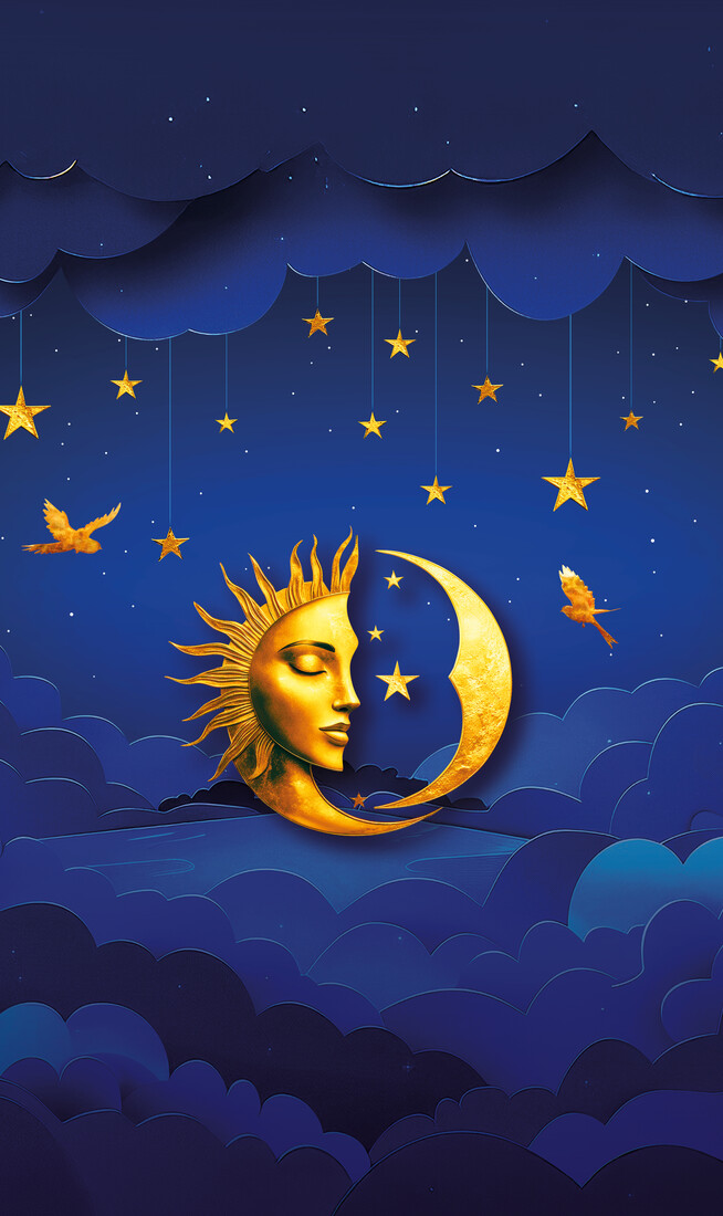 A navy blue background with clouds. Golden stars and birds hang down from the clouds. A large golden sun and moon in the centre with the words ‘The Magic Flute’ written in golden 3D writing underneath.