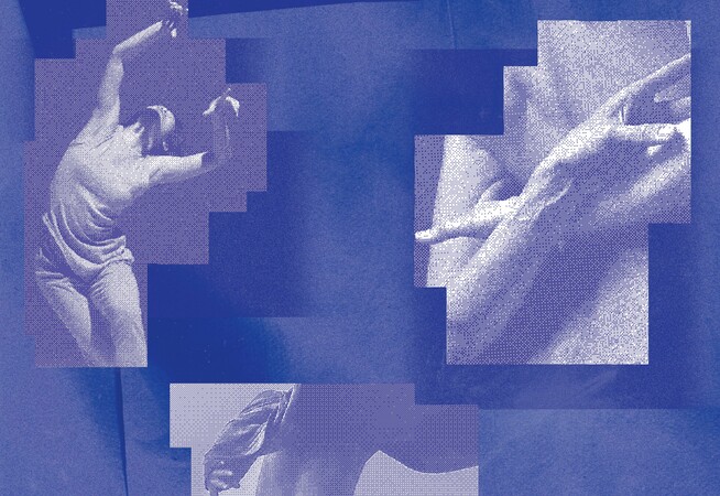 Three grainy blue photographs of dancers on a blue background.