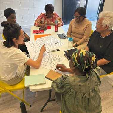 Six women sit around a table with pens in their hands. They are talking. Three large sheets of paper covered in text lie on the table between them.