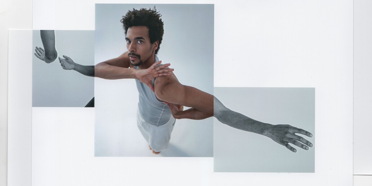 A collage of three images of a male dancer, showing him looking at the camera, then surrounded by fragmented photos of his hands