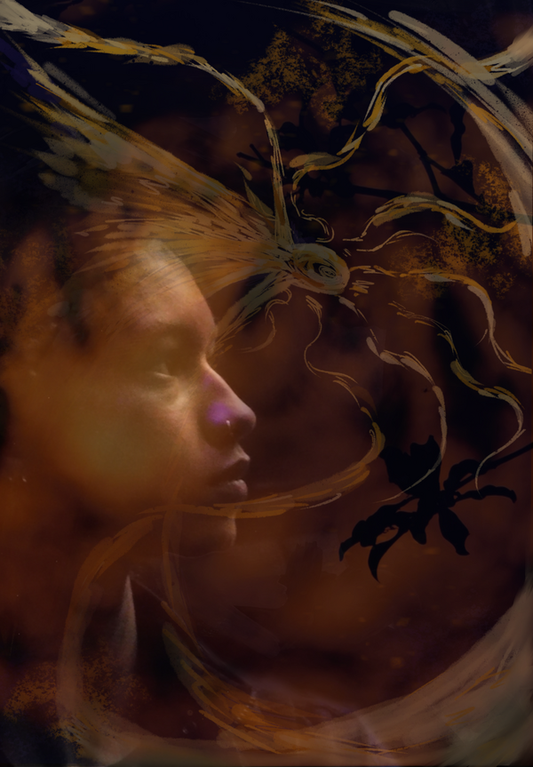 A layered image of a woman in profile with a reflective expression, merging with sheer, abstract patterns resembling sunrays.