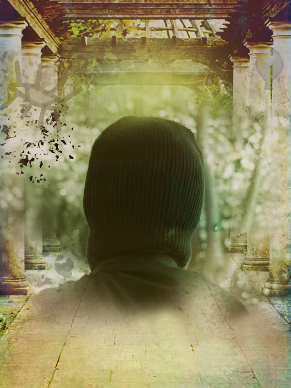 A layered image showing the back of a person wearing a black balaclava, positioned against a background of trees and overlaid with a translucent perspective view of a columned pavilion.