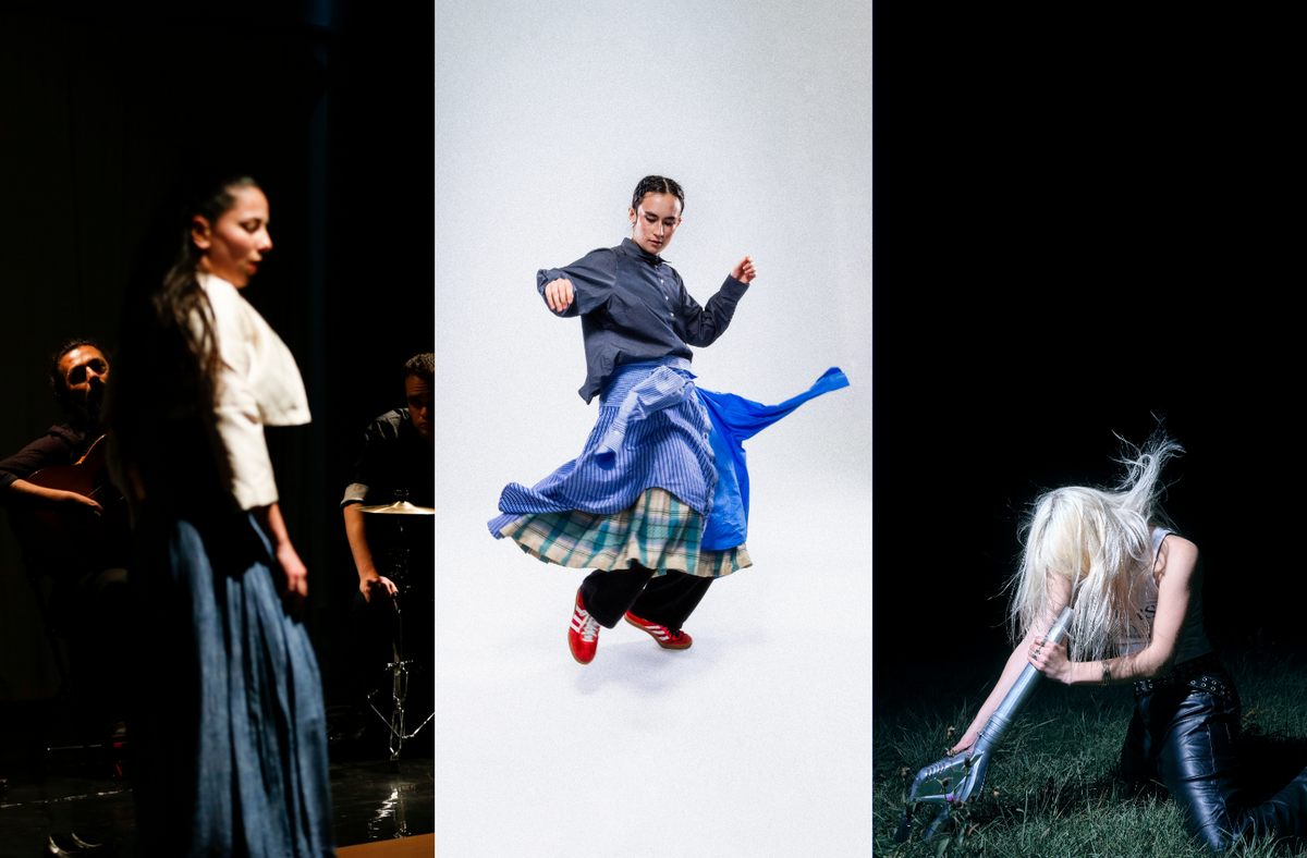 This image is divided into three parts. On the left, woman standing on stage in front of a group of musicians, wearing a long dark skirt and white jacket, captured in between movements with her arms by her sides. In the centre, person wearing a navy shirt and two blue shirts styled as a skirt with red sneakers, caught mid-movement, setting the fabric into motion. On the right, a person with long platinum blonde hair covering their face, wearing a white tank top and leather trousers, kneels on grass while holding a leaf blower aimed at their face, setting their hair into motion.