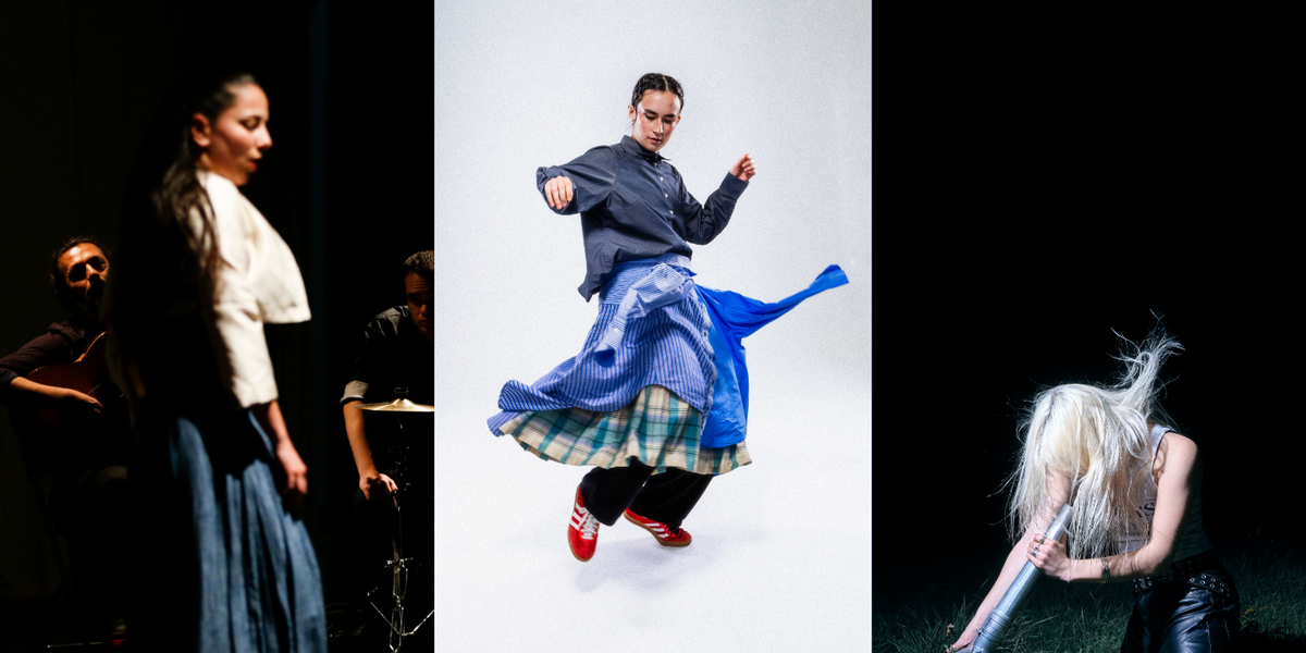 This image is divided into three parts. On the left, woman standing on stage in front of a group of musicians, wearing a long dark skirt and white jacket, captured in between movements with her arms by her sides. In the centre, person wearing a navy shirt and two blue shirts styled as a skirt with red sneakers, caught mid-movement, setting the fabric into motion. On the right, a person with long platinum blonde hair covering their face, wearing a white tank top and leather trousers, kneels on grass while holding a leaf blower aimed at their face, setting their hair into motion.