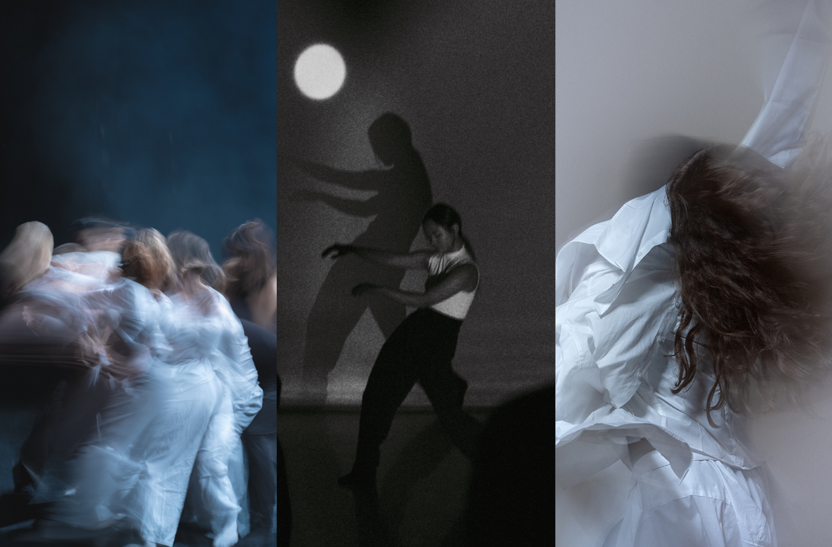 This image is divided into three parts. On the left, blurred image of a tightly grouped formation of people, caught mid-motion, dressed in all-white and all-black. In the centre, black and white image of three people on stage: two in silhouette – one a close-up profile, the other seated in the distance – and one visible figure wearing a white top and black trousers, posed sideways, leaning back with arms held in front of her body; the backdrop features a round light resembling a full moon. On the right, blurred image of a person captured mid-movement, with their long hair and loose white attire set in flowing motion.
