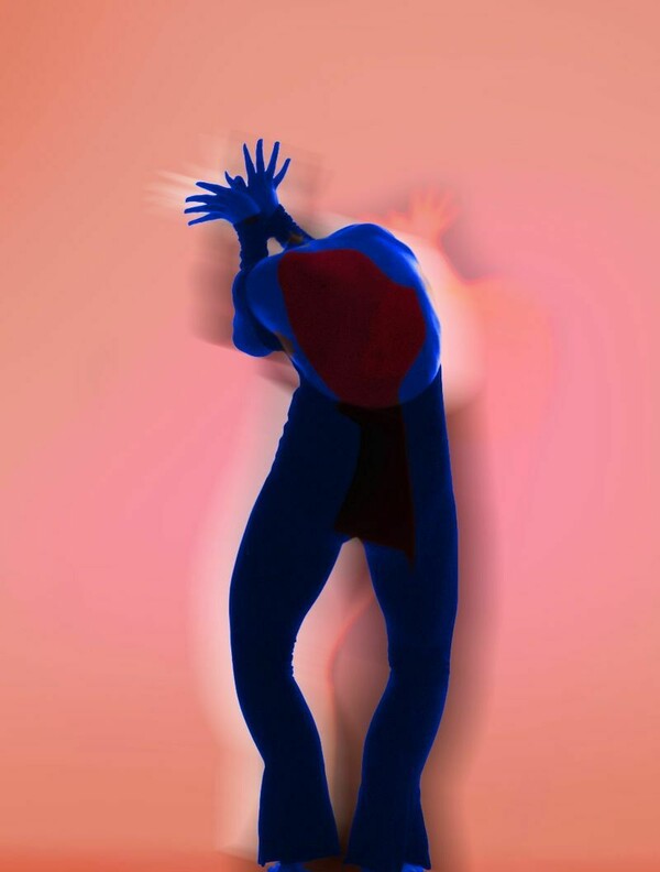 Blue silhouette of a person seen from behind, knees bent and head lowered out of view, arms raised above their back with palms spread, posed against a salmon-orange background.