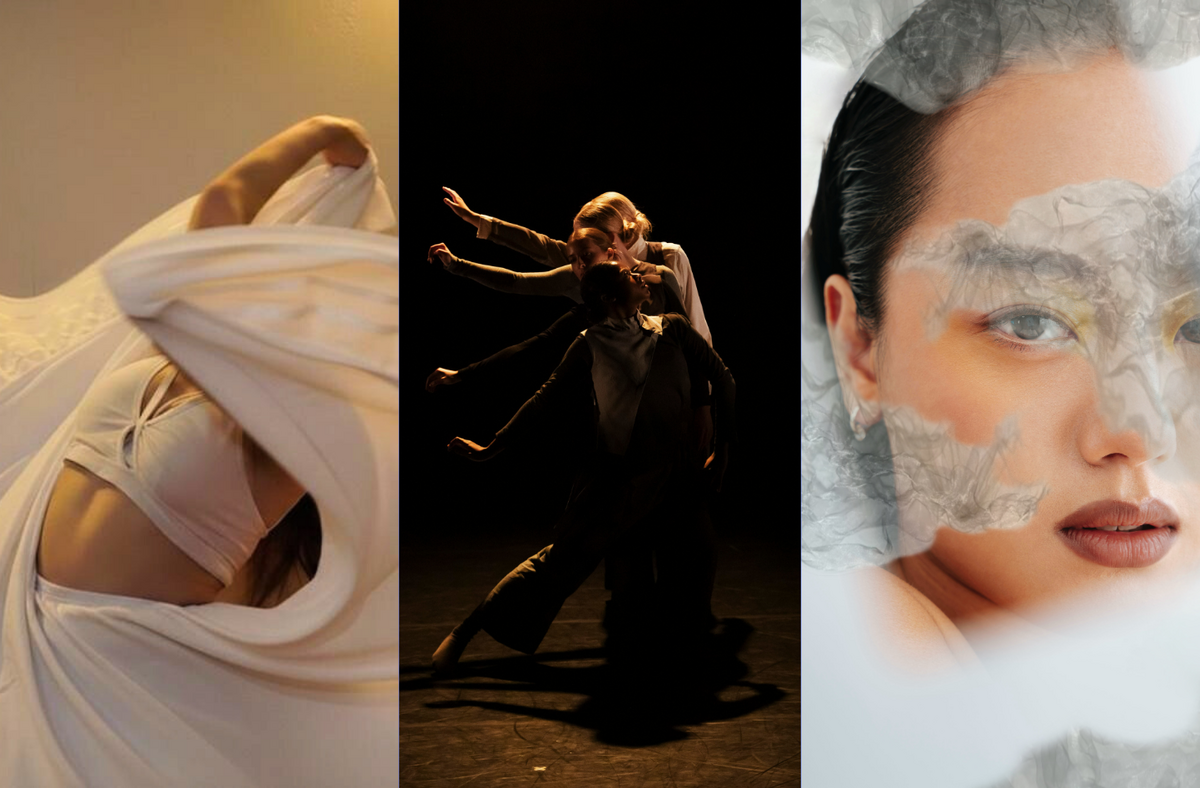 This image is divided into three parts. On the left, a person wearing a light cream bra and matching long skirt swings the skirt with their arms, causing it to cover their face. In the centre, four people lined up behind one another, each extending their right arm diagonally to the side at gradually increasing heights, creating the appearance of a bird’s wing. On the right, a double-layered image featuring a portrait of a person with slicked-back black hair, yellow eyeshadow, and brown lipstick, looking toward the viewer with their mouth slightly open, overlaid with white and grey abstract shapes resembling clouds.