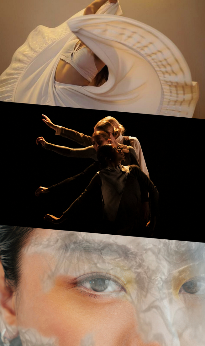 This image is divided into three parts. On the top, a person wearing a light cream bra and matching long skirt swings the skirt with their arms, causing it to cover their face. In the centre, four people lined up behind one another, each extending their right arm diagonally to the side at gradually increasing heights, creating the appearance of a bird’s wing. On the bottom, a double-layered image featuring a portrait of a person with slicked-back black hair, yellow eyeshadow, and brown lipstick, looking toward the viewer with their mouth slightly open, overlaid with white and grey abstract shapes resembling clouds.