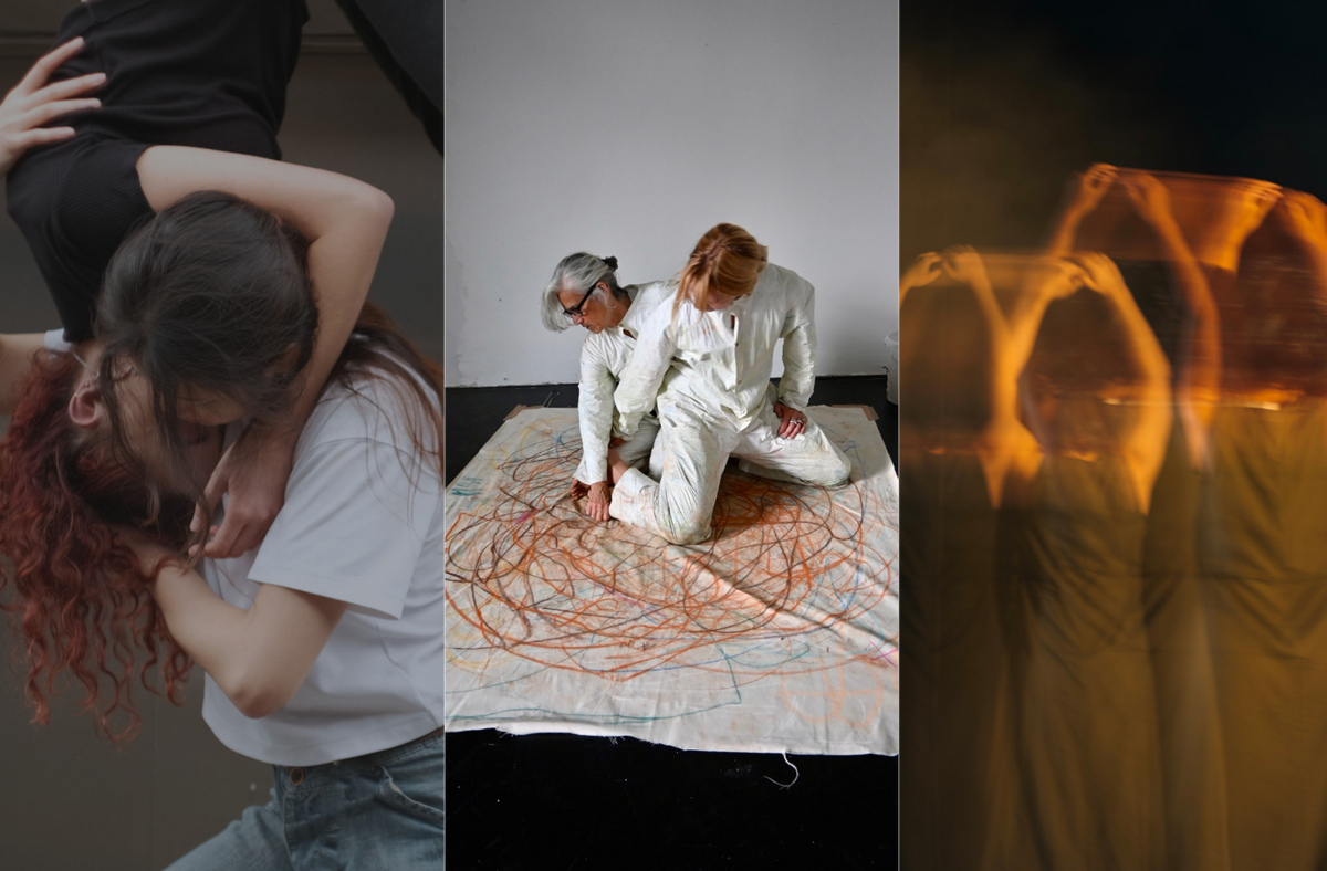 This image is divided into three parts. On the left, two people are embracing, with one suspended above and hanging downward, wearing a black T-shirt and jeans, while the other stands below, wearing a white T-shirt and blue jeans. In the centre, two people wearing all-white attire kneel closely together, one partly atop the other, looking sideways, on a rectangular white drape marked with abstract multicoloured lines. On the right, a blurred photo shows a group in uniform grey dresses standing in formation with their backs to the audience, arms raised overhead, while one figure stands off to the right, set apart with arms resting by her sides.