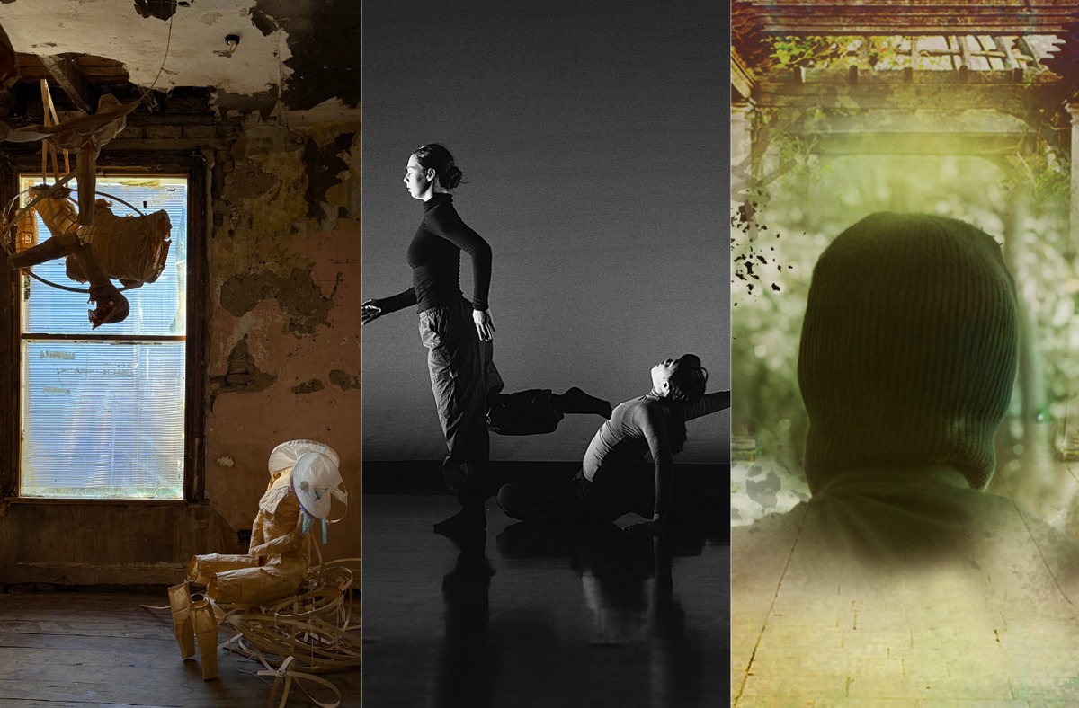 This image is divided into three parts. On the left, a decrepit room with peeling paint and a rundown wooden floor, featuring a distorted mannequin sitting on an abstract structure by a window, while another abstract structure hangs from the ceiling. In the centre, black and white image of two people, one standing sideways with a leg bent backward, nearly touching the other, who sits with one leg bent and the other extended back, leaning on one arm and reaching the other behind them. On the right, a layered image showing the back of a person wearing a black balaclava, positioned against a background of trees and overlaid with a translucent perspective view of a columned pavilion.