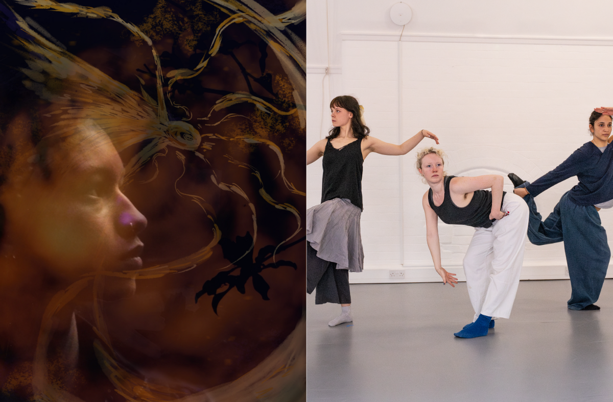 The image is divided into two parts. On the left, a layered portrait of a woman in profile with a reflective expression merges with sheer, abstract patterns resembling sunrays. On the right, three people pose in a line before a white wall: one lifts a leg forward with arms outstretched, another bends sharply forward reaching down, and the third holds a leg back with one arm while raising the other as if scanning the distance.