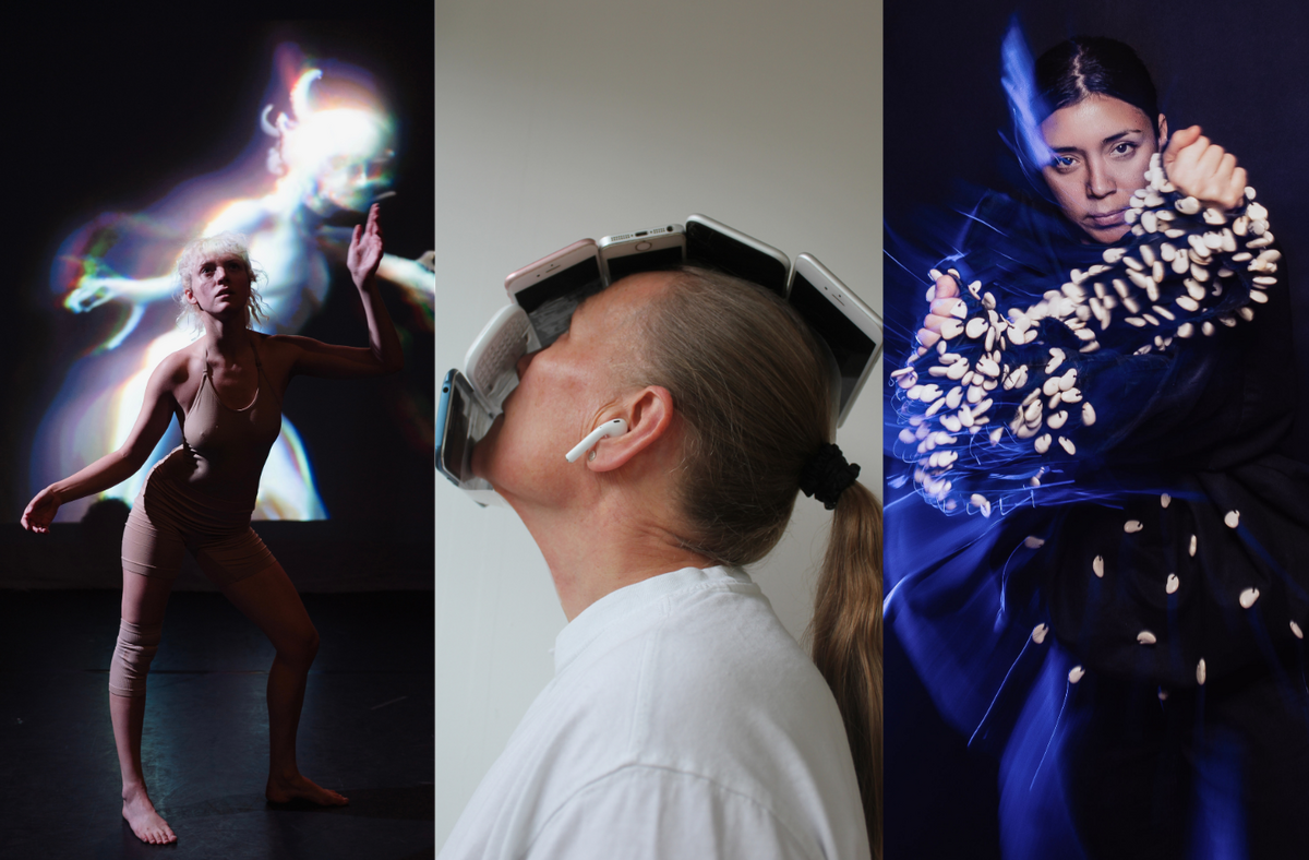 This image is divided into three parts. On the left, there is a person in a nude leotard, softly lit, poses with one leg bent and one arm raised, looking upward, a backdrop behind them displaying a light animation of a fantastical figure. In the centre, profile of a person with long grey hair tied in a ponytail, wearing a white T-shirt and white wireless headphones, looking upward with a row of mobile phones atop their face. On the right, person in a dark costume embellished with white ornaments, captured mid-motion, crossing their arms at chest-level, gazing forward and surrounded by a blue halo.