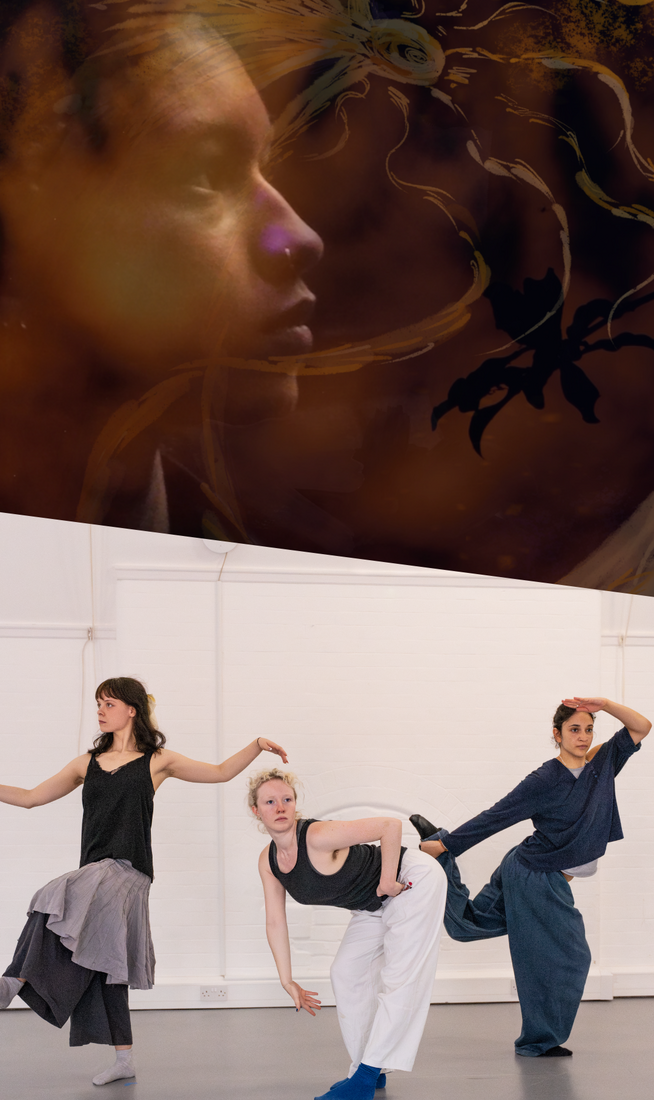 The image is divided into two parts. On the top, a layered image of a woman in profile with a reflective expression, merging with sheer, abstract patterns resembling sunrays. On the bottom, three people pose in a line before a white wall: one lifts a leg forward with arms outstretched, another bends sharply forward reaching down, and the third holds a leg back with one arm while raising the other as if scanning the distance.