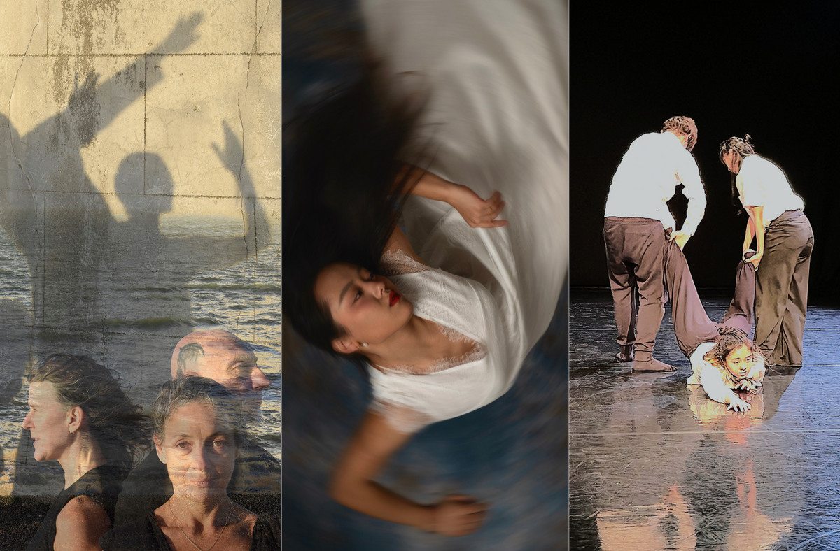 This image is split into three parts. On the left, a layered image featuring a sea with two distant figures standing before it, a light brick wall casting shadows of three posing figures, and three people shown from the shoulders up, one facing forward, with two behind her in profile facing right and left. In the centre, blurred image of a person with long black hair, seen upside down, wearing a long white dress, leaning sideways with arms raised to shoulder level and elbows bent at right angles. On the right, three people, all wearing white t-shirts and black trousers, are in an all-black theatre setting, with two standing back to the audience, lifting the legs of a third person lying on their stomach, looking forward and reaching ahead.