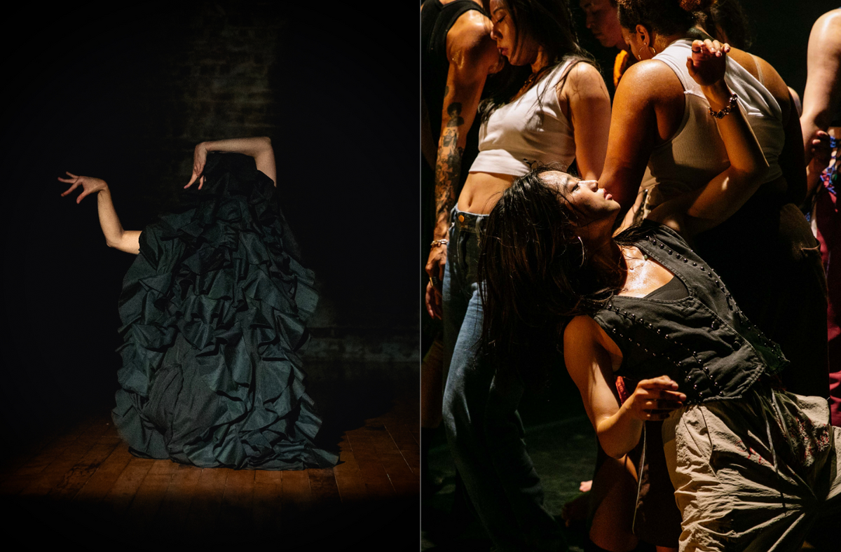 The image is divided into two parts. On the left, a person on stage turned away from the audience, wearing a flamboyant, ruffled costume and raising their arms into an angular shape. On the right, a group of people in formation, with the central figure wearing a black studded gilet and beige loose trousers, leaning backward and raising an arm above their face.