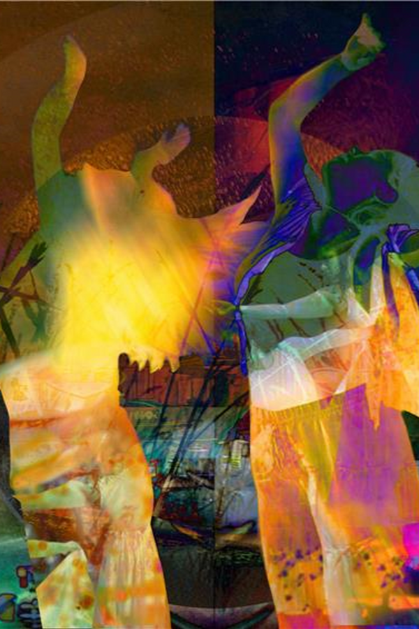 Collage featuring silhouettes mid-movement with raised arms, formed from colourful, abstract patterned shapes.