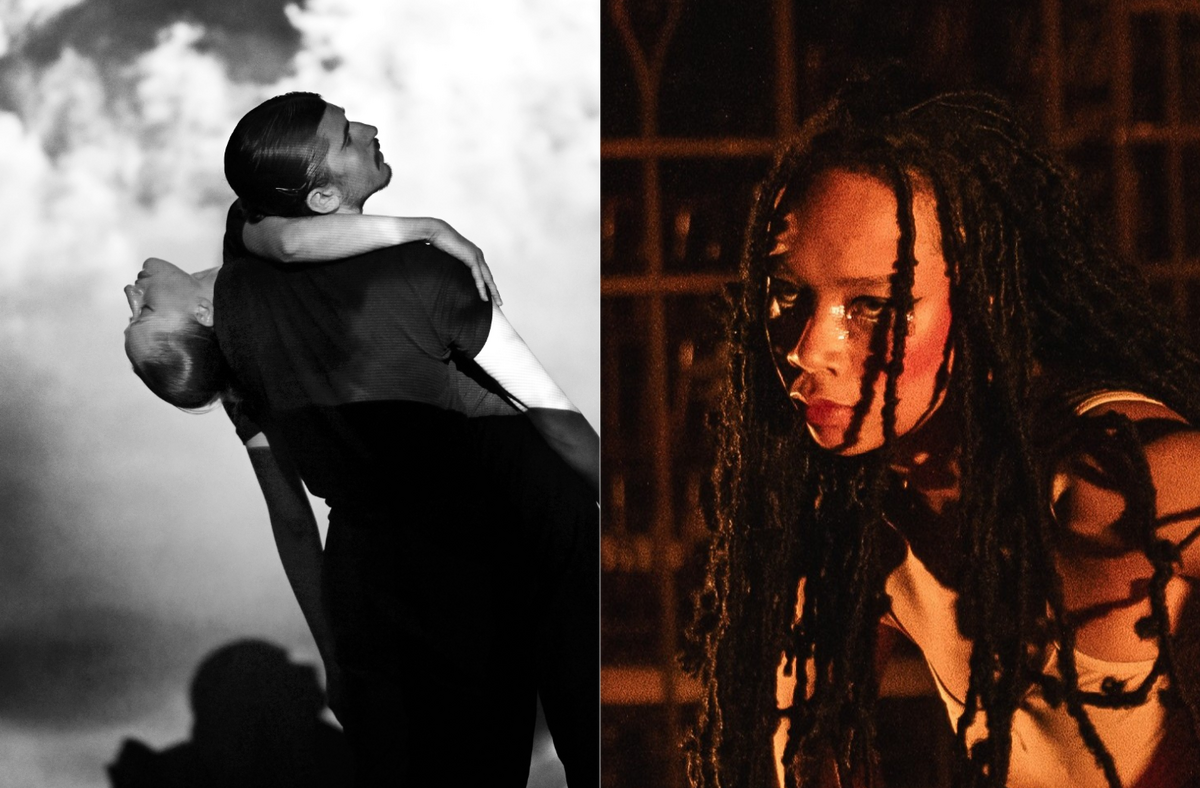 This image is divided into two parts. On the left, black-and-white photo of two people, one in a black T-shirt and trousers leaning back and looking sideways while holding another partly hidden behind them with an arm wrapped around their neck. On the right, person with long black braids wearing a nude camisole, shown from the shoulders up at a diagonal angle, holding an intense gaze under warm light.