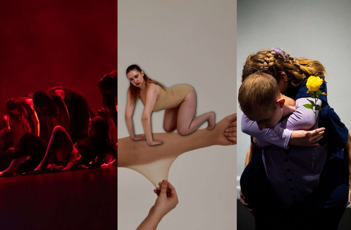 This image is divided into three parts. On the left, in red light, two rows of people, with the front row lying on their backs propped on elbows with knees bent, and the row behind leaning forward with arms hanging down. In the centre, an extended arm clenched in a fist, dressed in a sheer, beige stocking which is being pulled down by another hand, and with a disproportionately small person, wearing a beige leotard, crouching on all fours atop the arm, gazing toward the viewer. On the right, a person with short hair wearing a blue shirt leans forward with their face down, holding on their back another person whose hair is long and partially braided, wearing a navy T-shirt layered over a light purple long sleeve, and holding a yellow rose in their hand.