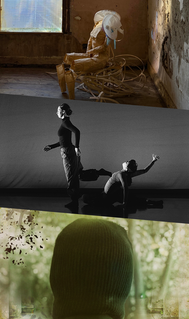 This image is divided into three parts. On the top, a decrepit room with peeling paint and a rundown wooden floor, featuring a distorted mannequin sitting on an abstract structure by a window, while another abstract structure hangs from the ceiling. In the centre, black and white image of two people, one standing sideways with a leg bent backward, nearly touching the other, who sits with one leg bent and the other extended back, leaning on one arm and reaching the other behind them. On the bottom, a layered image showing the back of a person wearing a black balaclava, positioned against a background of trees and overlaid with a translucent perspective view of a columned pavilion.