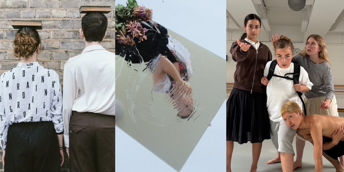 This image is divided into three parts. On the left, two people wearing white shirts – one patterned with letters – and dark trousers stand with their backs to the viewer in front of a brick wall, arms at their sides, each balancing a book on their head. In the centre, A woman’s smudged reflection in a mirror as she looks at herself, with withered flowers resting in the mirror’s top left corner, while the woman’s feet and the hem of her skirt are visible below. On the right, four people in a bright room, three gazing intensely at the viewer while the fourth raises an arm above the middle person’s head, looking at them.