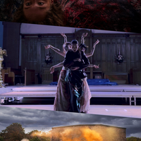 This image is divided into three parts. On the top, a nude woman lying on a sofa draped with a painted canvas, captured upside down, holding an intense gaze forward. In the centre, a person in a black costume stands at the front, looking downward, while a group behind her extends their arms to create a geometric pose against a background suggesting a church setting. On the bottom, in a setting featuring a grassy field with trees, a red brick building, and a cloudy sky, there are four blurred figures, three gathered outside, and one emerging from the building accompanied by orange smoke.