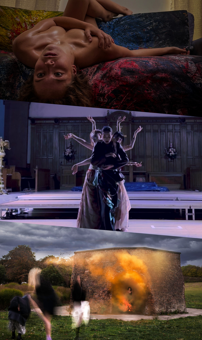 This image is divided into three parts. On the top, a nude woman lying on a sofa draped with a painted canvas, captured upside down, holding an intense gaze forward. In the centre, a person in a black costume stands at the front, looking downward, while a group behind her extends their arms to create a geometric pose against a background suggesting a church setting. On the bottom, in a setting featuring a grassy field with trees, a red brick building, and a cloudy sky, there are four blurred figures, three gathered outside, and one emerging from the building accompanied by orange smoke.