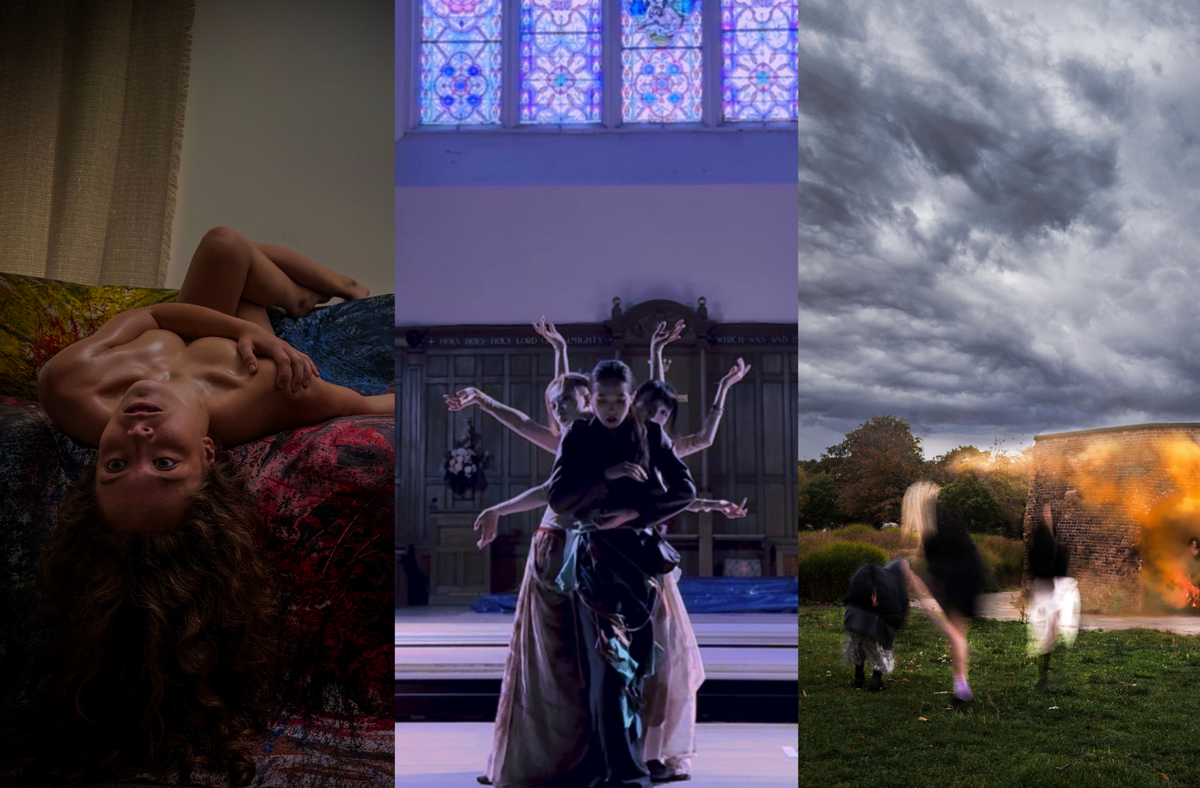 This image is divided into three parts. On the top, a nude woman lying on a sofa draped with a painted canvas, captured upside down, holding an intense gaze forward. In the centre, a person in a black costume stands at the front, looking downward, while a group behind her extends their arms to create a geometric pose against a background suggesting a church setting. On the bottom, in a setting featuring a grassy field with trees, a red brick building, and a cloudy sky, there are four blurred figures, three gathered outside, and one emerging from the building accompanied by orange smoke.