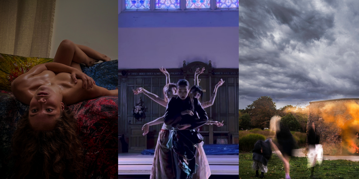 This image is divided into three parts. On the top, a nude woman lying on a sofa draped with a painted canvas, captured upside down, holding an intense gaze forward. In the centre, a person in a black costume stands at the front, looking downward, while a group behind her extends their arms to create a geometric pose against a background suggesting a church setting. On the bottom, in a setting featuring a grassy field with trees, a red brick building, and a cloudy sky, there are four blurred figures, three gathered outside, and one emerging from the building accompanied by orange smoke.