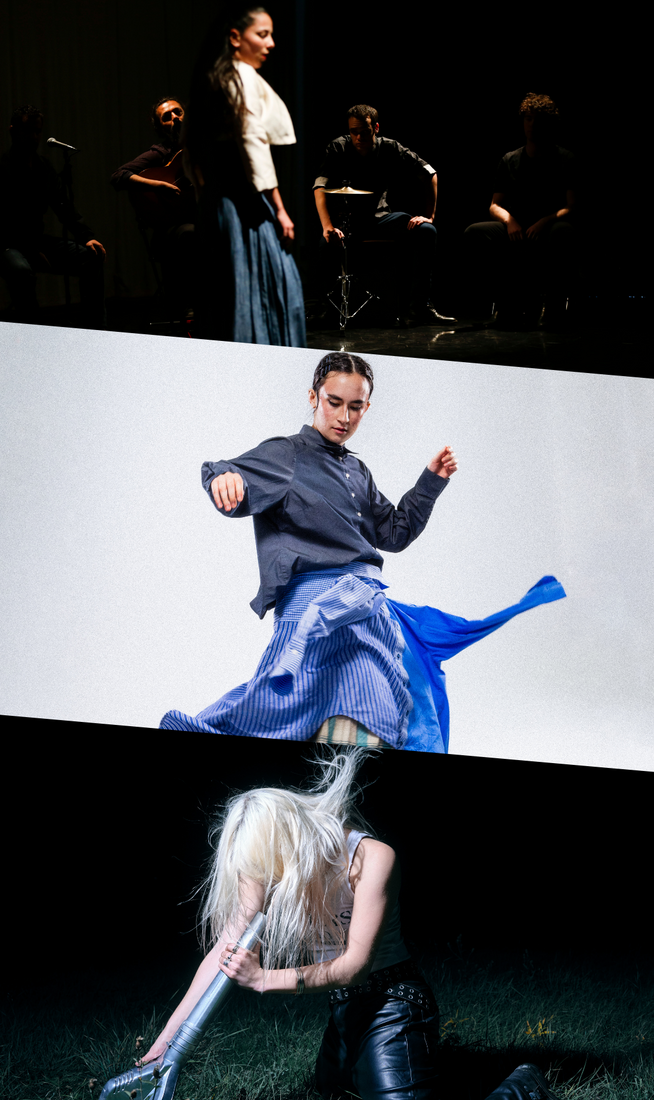 This image is divided into three parts. On the top, woman standing on stage in front of a group of musicians, wearing a long dark skirt and white jacket, captured in between movements with her arms by her sides. In the centre, person wearing a navy shirt and two blue shirts styled as a skirt with red sneakers, caught mid-movement, setting the fabric into motion. On the bottom, a person with long platinum blonde hair covering their face, wearing a white tank top and leather trousers, kneels on grass while holding a leaf blower aimed at their face, setting their hair into motion.