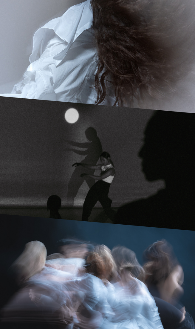 This image is divided into three parts. On the top, blurred image of a person captured mid-movement, with their long hair and loose white attire set in flowing motion. In the centre, black and white image of three people on stage: two in silhouette – one a close-up profile, the other seated in the distance – and one visible figure wearing a white top and black trousers, posed sideways, leaning back with arms held in front of her body; the backdrop features a round light resembling a full moon. On the bottom, blurred image of a person captured mid-movement, with their long hair and loose white attire set in flowing motion.