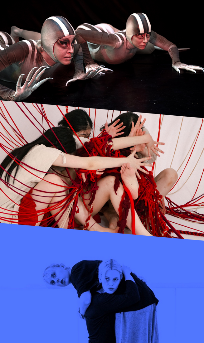 This image is divided into three parts. On the top, two people caught in a prowling motion in a dark theatre setting, wearing skintight grey-and-white costumes with matching caps, makeup, and gloves tipped with long, spiky fingers, evoking lizard-like creatures. In the centre, three people sitting, wearing white tops and short red skirts, stretching their legs and arms forward with fingers spread, caught amid a network of red and white strings cascading from above. On the right, blue-filtered image of two people wearing black tops, one also in grey tracksuit trousers, with one carrying the other on their shoulder and both holding a forward gaze.