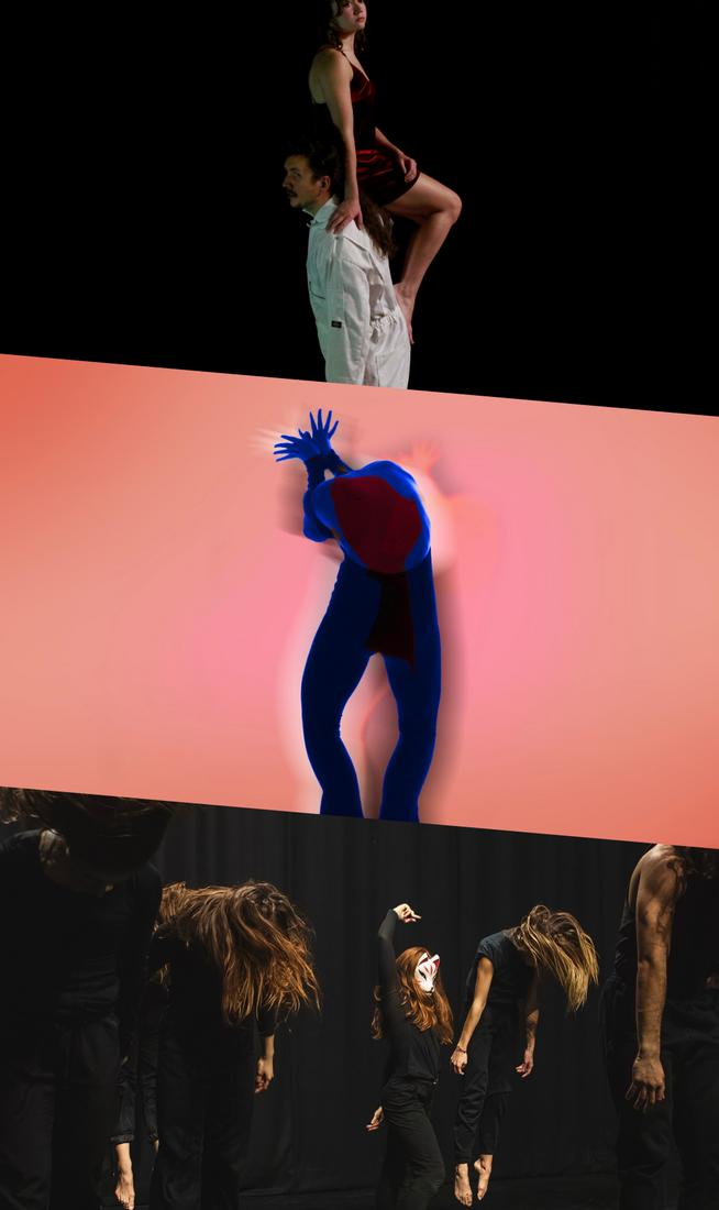 This image is divided into three parts. On the top, a person in a white overall faces right, holding on their shoulders a person in a short red dress facing left, both gazing ahead. In the centre, blue silhouette of a person seen from behind, knees bent and head lowered out of view, arms raised above their back with palms spread, posed against a salmon-orange background. On the bottom, a group of people dressed in full black jumping and looking down, their loose hair set in motion, while one person at the back wearing a white animal mask poses with their right arm raised overhead.
