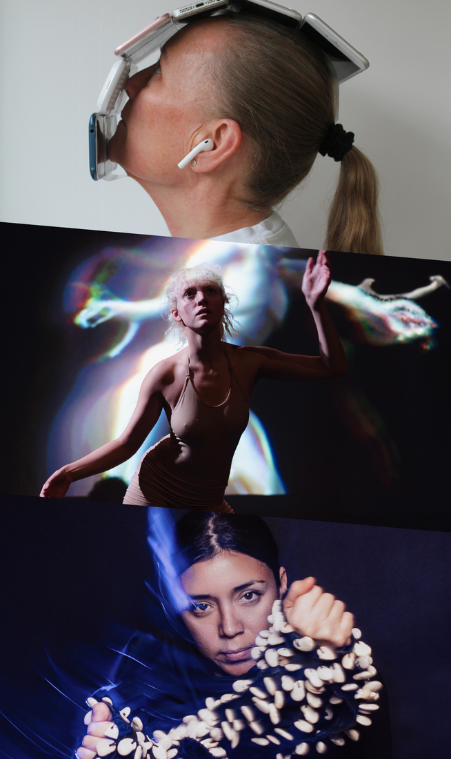 This image is divided into three parts. On the top, profile of a person with long grey hair tied in a ponytail, wearing a white T-shirt and white wireless headphones, looking upward with a row of mobile phones atop their face. In the centre, there is a person in a nude leotard, softly lit, poses with one leg bent and one arm raised, looking upward, a backdrop behind them displaying a light animation of a fantastical figure. On the bottom, person in a dark costume embellished with white ornaments, captured mid-motion, crossing their arms at chest-level, gazing forward and surrounded by a blue halo.
