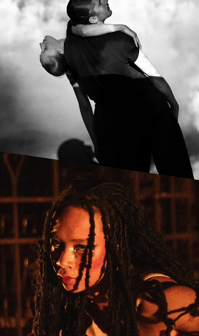 This image is divided into two parts. On the top, black-and-white photo of two people, one in a black T-shirt and trousers leaning back and looking sideways while holding another partly hidden behind them with an arm wrapped around their neck. On the bottom, person with long black braids wearing a nude camisole, shown from the shoulders up at a diagonal angle, holding an intense gaze under warm light.