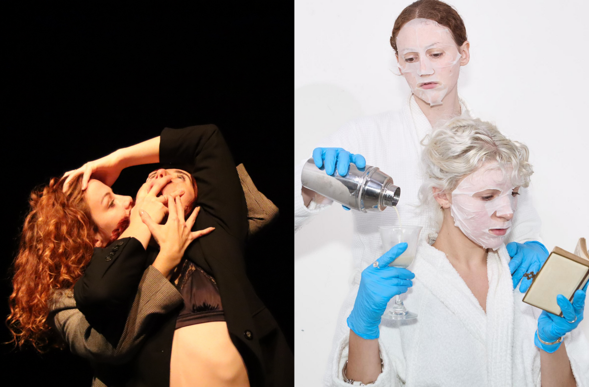 This image is divided into two parts. On the left, a person dressed in a satin bra and black blazer leans backward, covering their open mouth with one hand and extending the other arm above their head to touch the head of another person embracing them from behind, who is wearing a grey blazer and has long, curly ginger hair. On the right, two people in white bathrobes, blue rubber gloves, and sheet face masks captured from the waist up, one seated lower holding a book and a glass while the other stands behind pouring white liquid from a silver cocktail shaker into the glass.