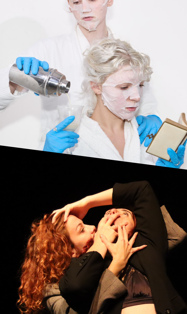 This image is divided into two parts. On the top, two people in white bathrobes, blue rubber gloves, and sheet face masks captured from the waist up, one seated lower holding a book and a glass while the other stands behind pouring white liquid from a silver cocktail shaker into the glass. On the bottom, a person dressed in a satin bra and black blazer leans backward, covering their open mouth with one hand and extending the other arm above their head to touch the head of another person embracing them from behind, who is wearing a grey blazer and has long, curly ginger hair.