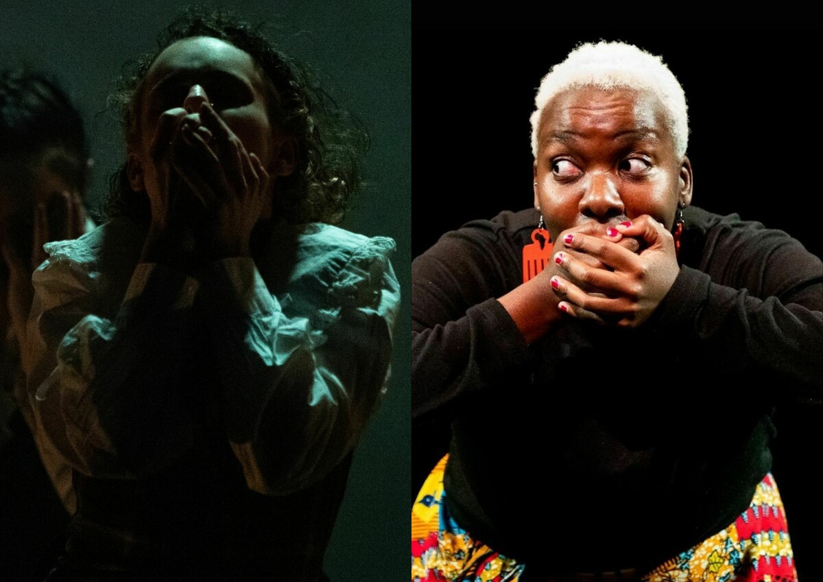 The image is divided into two sections. The left side shows a person with curly hair wearing a white shirt, seen from the waist up in low light, covering their mouth with their hands as if distressed. On the right, against a black background, a person with short, curly white hair, wearing large red earrings, a black long-sleeve top, and a colourful patterned skirt, are shown from the hips up, stretching their arms to the sides and opening their mouth in a scream or alarmed expression.