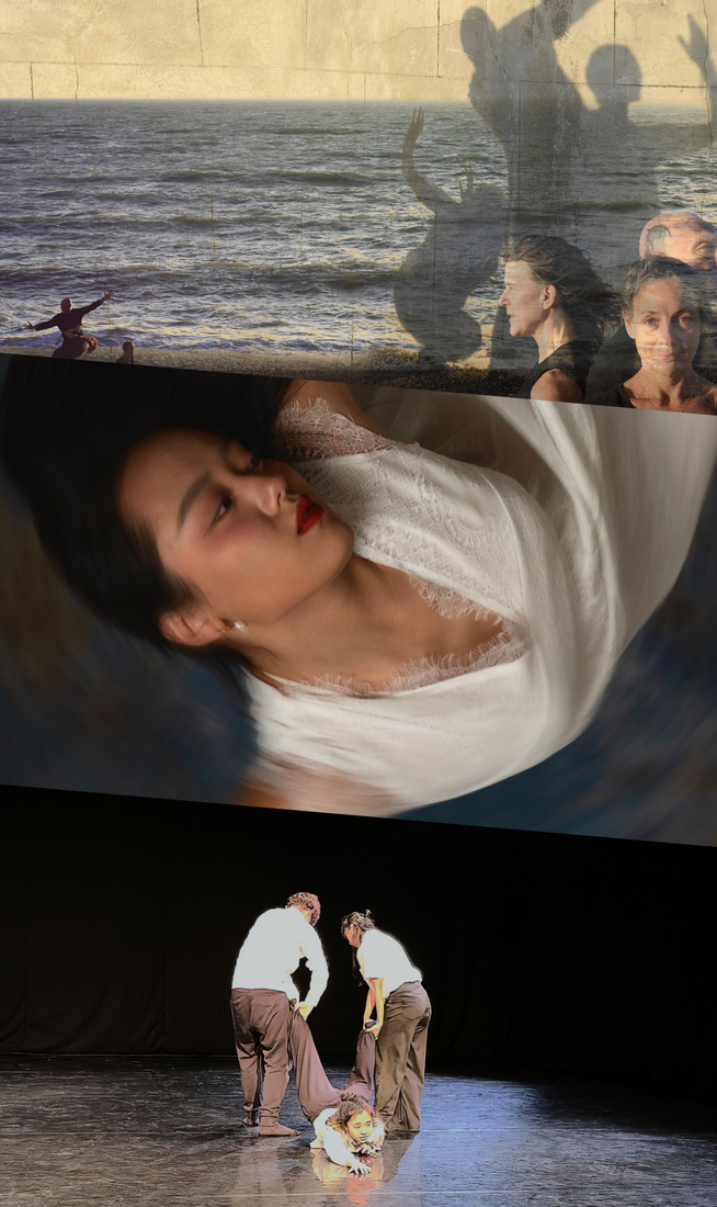This image is split into three parts. On the top, a layered image featuring a sea with two distant figures standing before it, a light brick wall casting shadows of three posing figures, and three people shown from the shoulders up, one facing forward, with two behind her in profile facing right and left. In the centre, blurred image of a person with long black hair, seen upside down, wearing a long white dress, leaning sideways with arms raised to shoulder level and elbows bent at right angles. On the bottom, three people, all wearing white t-shirts and black trousers, are in an all-black theatre setting, with two standing back to the audience, lifting the legs of a third person lying on their stomach, looking forward and reaching ahead.