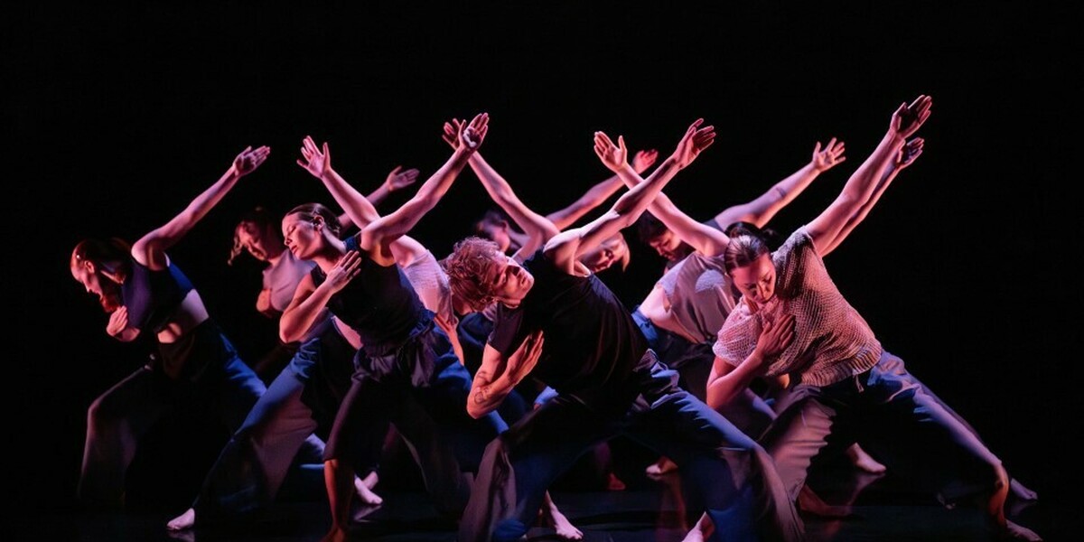A group of dancers move in sync of stage underneath pink lighting. Their knees are bent, one arm is bent into their chest and the other arm is reaching out.