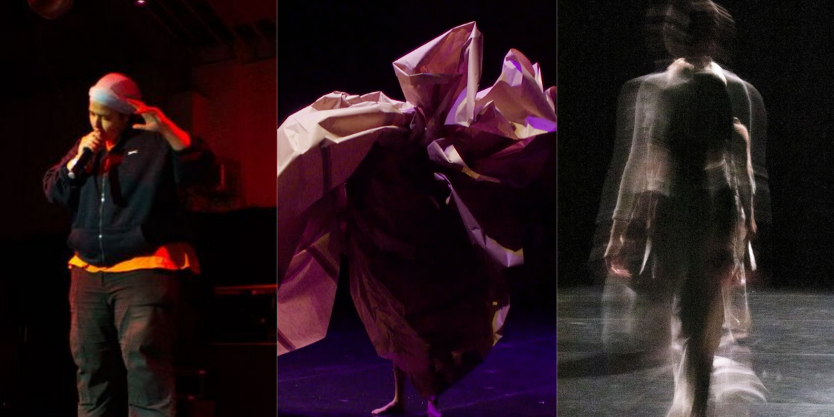 This image is divided into three parts. On the left, a person wearing a headscarf, hoodie and trousers stands onstage, speaking intently into a microphone. In the middle, a person stands barefoot on stage, their body from the calves up entirely covered by a large, crumpled sheet of paper. On the right, blurred image of a figure walking, set against a black background.