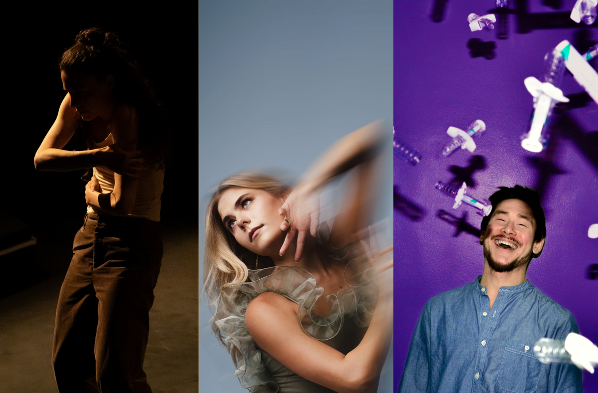 This image is divided into three parts. On the left, a woman with long hair, wearing a white tank top and dark trousers, is illuminated by low light as she wraps her arms around herself and curves her back. In the centre, a person in a grey dress with ruffled lining poses with arms raised, blurred from movement, leaning slightly backward and looking sideways against a light grey background. On the right, man shown from the shoulders up laughing against a purple background, surrounded by flying syringes.