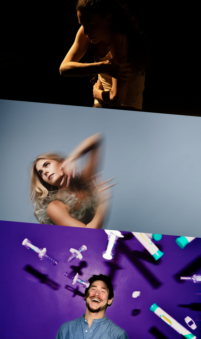 This image is divided into three parts. On the top, a woman with long hair, wearing a white tank top and dark trousers, is illuminated by low light as she wraps her arms around herself and curves her back. In the centre, a person in a grey dress with ruffled lining poses with arms raised, blurred from movement, leaning slightly backward and looking sideways against a light grey background. On the bottom, man shown from the shoulders up laughing against a purple background, surrounded by flying syringes.