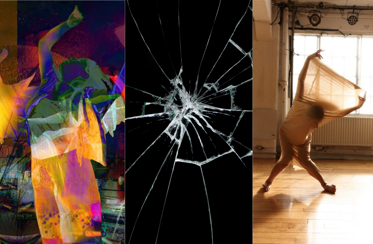 The image is divided into three parts. On the left, collage featuring silhouettes mid-movement with raised arms, formed from colourful, abstract patterned shapes.  In the centre, a fracture in glass set against a pitch-black background. On the right, silhouette of a person standing with legs apart and knees bent inward, leaning forward as they lift their arms straight behind their back in a symmetrical pose, wearing translucent beige fabric that stretches from knees to arms as they extend.