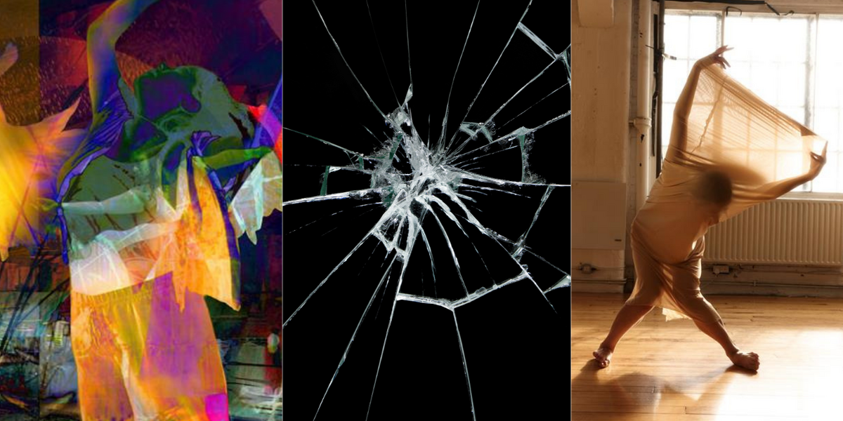The image is divided into three parts. On the left, collage featuring silhouettes mid-movement with raised arms, formed from colourful, abstract patterned shapes.  In the centre, a fracture in glass set against a pitch-black background. On the right, silhouette of a person standing with legs apart and knees bent inward, leaning forward as they lift their arms straight behind their back in a symmetrical pose, wearing translucent beige fabric that stretches from knees to arms as they extend.