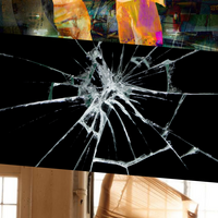 The image is divided into three parts. On the top, collage featuring silhouettes mid-movement with raised arms, formed from colourful, abstract patterned shapes. In the centre, a fracture in glass set against a pitch-black background. On the bottom, silhouette of a person standing with legs apart and knees bent inward, leaning forward as they lift their arms straight behind their back in a symmetrical pose, wearing translucent beige fabric that stretches from knees to arms as they extend.