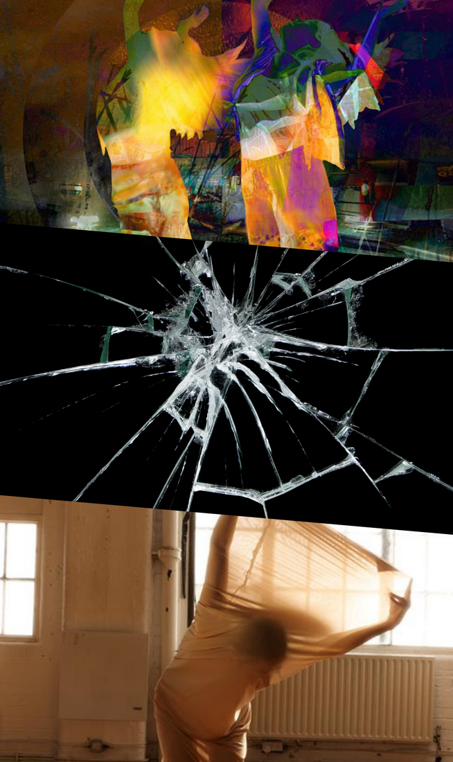 The image is divided into three parts. On the top, collage featuring silhouettes mid-movement with raised arms, formed from colourful, abstract patterned shapes. In the centre, a fracture in glass set against a pitch-black background. On the bottom, silhouette of a person standing with legs apart and knees bent inward, leaning forward as they lift their arms straight behind their back in a symmetrical pose, wearing translucent beige fabric that stretches from knees to arms as they extend.