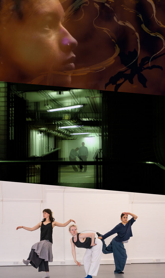 The image is divided into two parts. On the top, a layered image of a woman in profile with a reflective expression, merging with sheer, abstract patterns resembling sunrays. In the middle, green-tinted, slightly blurred image of a dark building entrance, showing a person in the distance, appearing twice, standing still and leaning left, as if caught in motion. On the bottom, three people pose in a line before a white wall: one lifts a leg forward with arms outstretched, another bends sharply forward reaching down, and the third holds a leg back with one arm while raising the other as if scanning the distance.