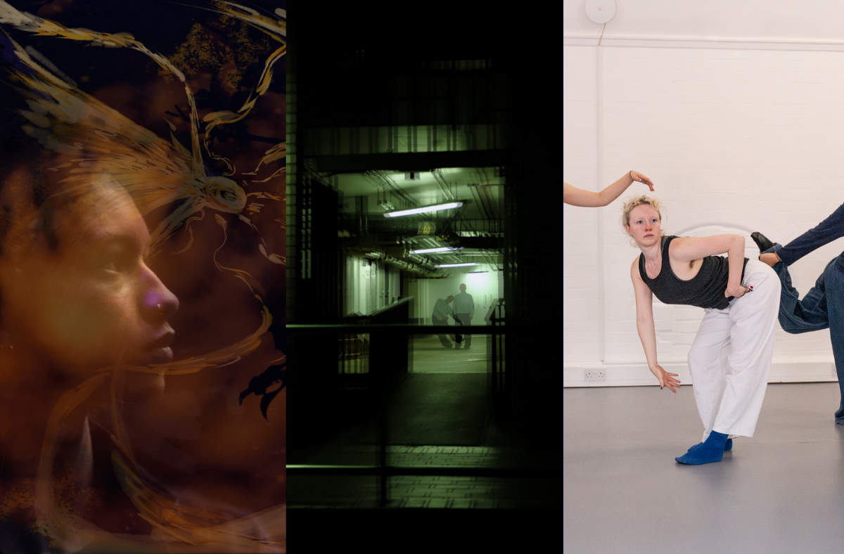 The image is divided into two parts. On the left, a layered image of a woman in profile with a reflective expression, merging with sheer, abstract patterns resembling sunrays. In the middle, green-tinted, slightly blurred image of a dark building entrance, showing a person in the distance, appearing twice, standing still and leaning left, as if caught in motion. On the right, three people pose in a line before a white wall: one lifts a leg forward with arms outstretched, another bends sharply forward reaching down, and the third holds a leg back with one arm while raising the other as if scanning the distance.