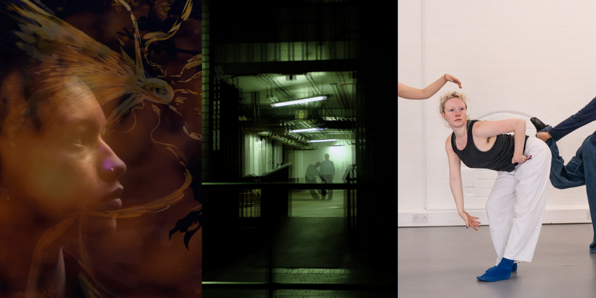 The image is divided into two parts. On the left, a layered image of a woman in profile with a reflective expression, merging with sheer, abstract patterns resembling sunrays. In the middle, green-tinted, slightly blurred image of a dark building entrance, showing a person in the distance, appearing twice, standing still and leaning left, as if caught in motion. On the right, three people pose in a line before a white wall: one lifts a leg forward with arms outstretched, another bends sharply forward reaching down, and the third holds a leg back with one arm while raising the other as if scanning the distance.